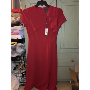 Adrianna Papell Red Dress 6 NWT Short Sleeve Ruffle Wedding Guest Midi New $139